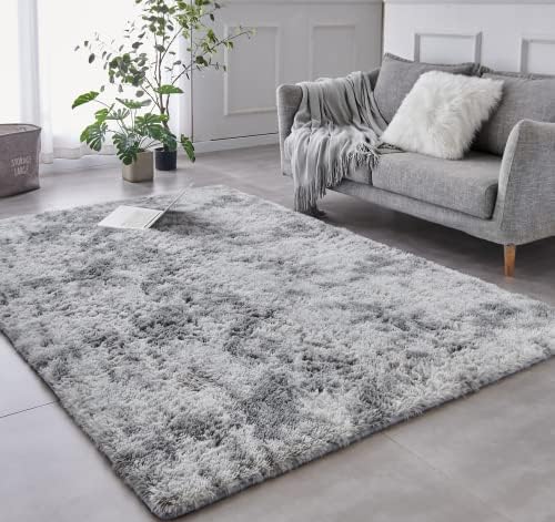 TABAYON Luxury 6x9 Modern Indoor Home Living Room Area Rugs, Anti-Skid Soft Fluffy Shag Fur Bedroom Rugs for Kids Playroom Decor Tie-Dyed Light Grey