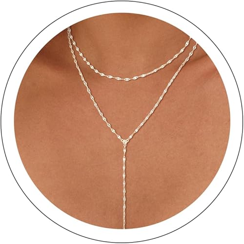 LOVELUCK Long Lariat Necklace for Women,Dainty Layered Y-Shaped Necklaces 14K Si
