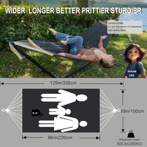 Image of GOCAN Double Hammock 2 Person Extra Large 220x150cm Total Length 330cm Load 500lb Canvas Cotton Hammock for Patio Porch Garden Backyard Lounging Outdoor and Indoor with Removable Spreader bar
