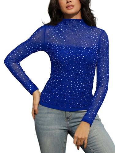 SEBOWEL Women Rhinestone Top Blouse Glitter Sparkly Ruched See Through Top Mock Turtle Neck Long Sleeve Sheer Mesh Tops4