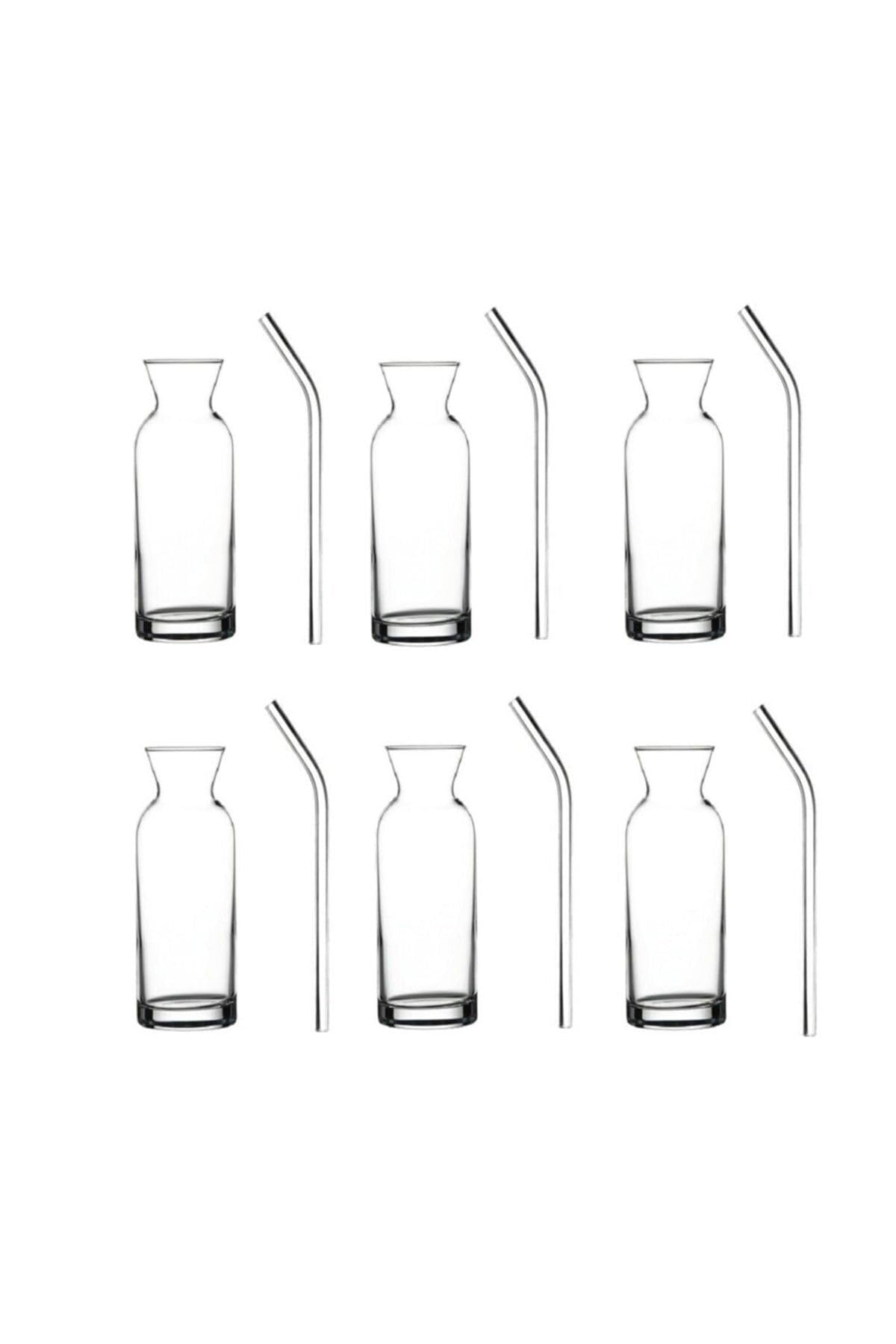 Aybaba Store Cam Pipetli Meşrubat Bardağı Limonata Bardak Süt Şişesi Sunum Karaf 6 Adet