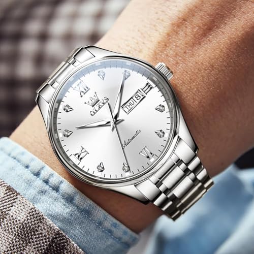 Image of OLEVS Automatic Watches for Men Self Winding Mechanical Wristwatch Luxury Business Dress Stainless Steel Luminous Waterproof Calendar Mens Watch