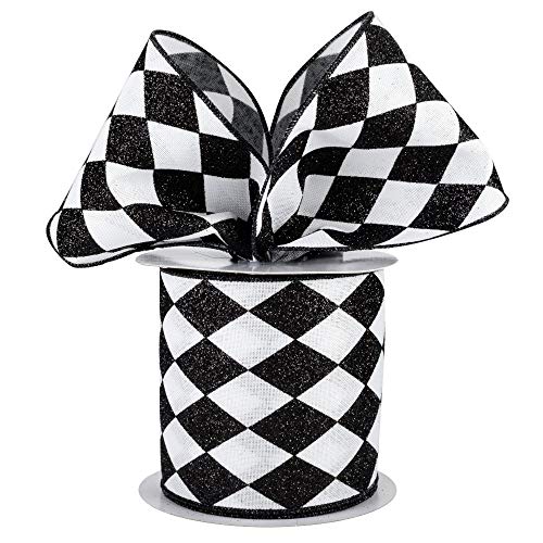 Image of Black White Diamonds Harlequin Ribbon - 4 inch x 10 Yards, Christmas, Argyle, Black Wire Edged, Valentine's Day, Mardi Gras Wedding, Gift Wrapping, Wreath Decoration, Garland, Tree Topper Bow, Halloween