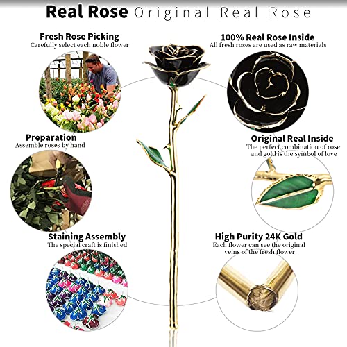 Image of Gold Real Rose, Gold Dipped Rose Made from Real Rose Best Gifts for her and Great Gifts for Girlfriend, Black with Stand