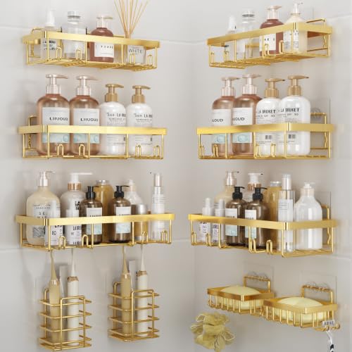 Image of Liuoud 10 Pack Shower Caddy Organizer Rack Shelf for Inside Shower, Self Adhesive Wall Storage Basket Rustproof Stainless Steel Shampoo Holder Bathroom Accessory Decor Set, Bright Gold