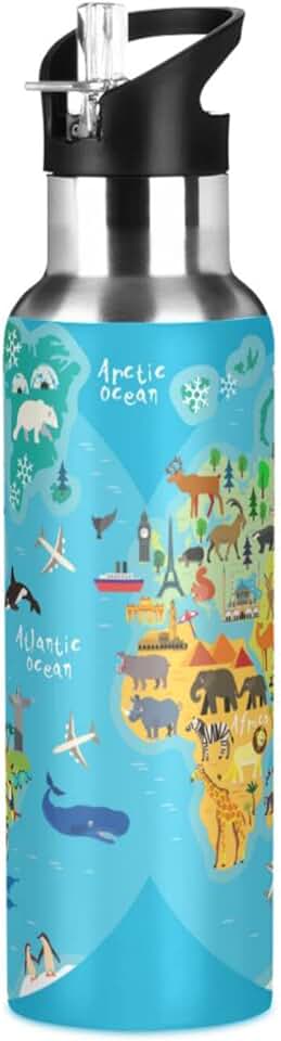 Garrafa térmica infantil de mapa do mundo animal com tampa de palha, linda garrafa de água de aço inoxidável com isolamento azul para esportes ao ar livre escolar, à prova de vazamento, 590 ml