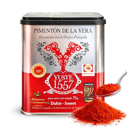 Pimentón de la Vera Ahumado Dulce, Denominación Origen Protegida, Pimentón Yuste 1557, Producido en Extremadura, Ideal para guisos, carnes, salsas, embutidos y platos tradicionales, 1 bote de 75 gr