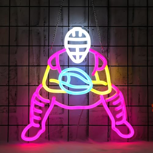 Image of CoolGift Mart Baseball Neon Sign, Catcher Dimmable LED Wall Decor Light USB Powered, Bedroom Gaming Room Man Cave Home Club Shop Decoration, Gift for Players Fans