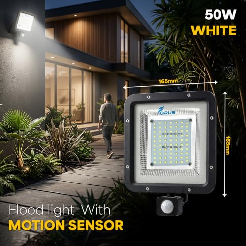 Image of Forus 50W LED Flood Light White with Motion Sensor Auto On Off Day Night Mode Waterproof Outdoor Security Light for Garden Parking Garage Factory Warehouse Super Bright Floodlight 4Yr Warranty-1Pc