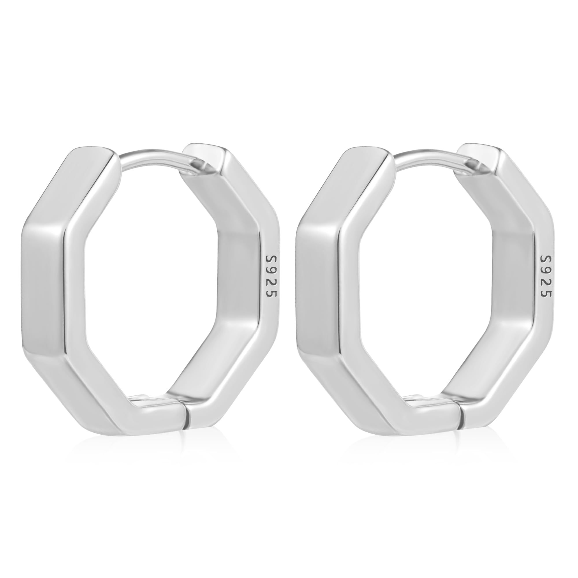 ALEXCARFT Pendientes Aro Plateado Octagonal Gruesos