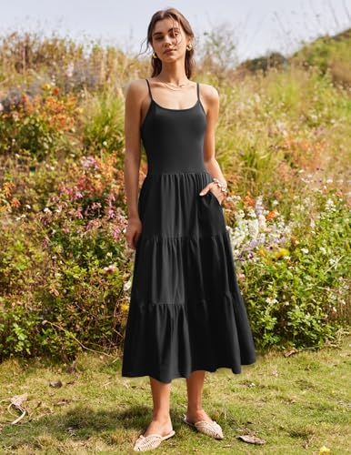 Image of Zeagoo Womens Summer Long Dress Adjustable Spaghetti Strap Floral Casual Dress with Pockets Flowy Tiered Beach Sundress