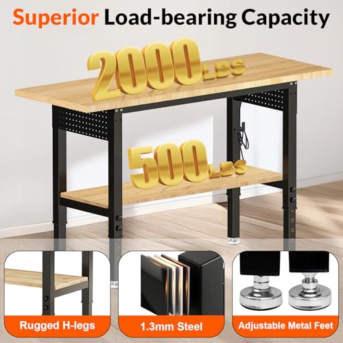 Image of 60 inch Adjustable Height Workbench Work Bench for Garage Work Table with Under Table Shelf Heavy Duty Rubber Wood Top for Shop Woodworking, Office, Home, Commercial