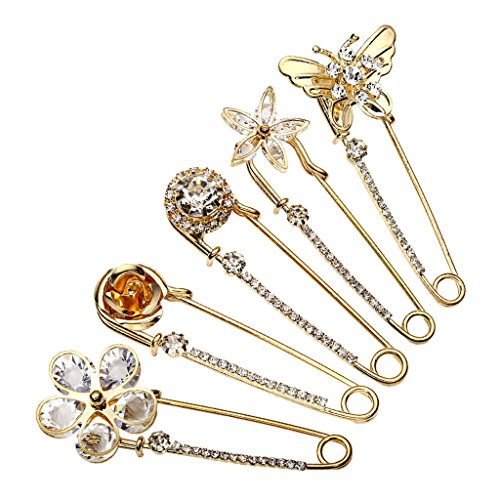 Top Plaza Mothers Day Gift Pack of 5 Women Fashion Rhinstone Crystal Accented Golden Safety Pin Jewelry Brooch Breastpin - Catch Scarf,Lapel or Collar(#1)
