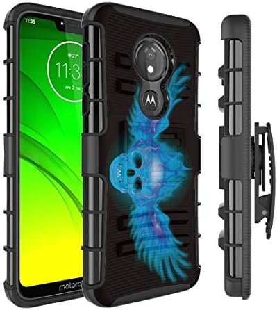 Moriko Case Compatible with Moto G7 Power, Moto G7 Supra [Kickstand Holster Combo Heavy Duty Protection Case Black] for Motorola Moto G7 Power - (Blue Fire Wing Skull)
