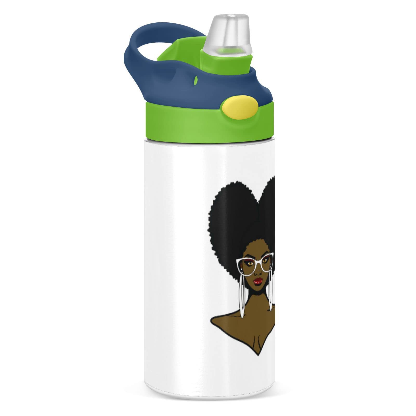 Poeticcity African Black Woman Afro Hairstyle Sunglasses and Earrings Tumbler with Lid & Straw, Boys Girls Stainless Steel Double Wall Cup Water Bottle BPA-Free Vacuum Insulated Thermal Mug 11.8 Oz