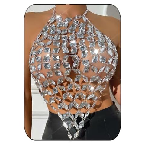 Aukmla Crystal Bra Body Chain Top Silver Rhinestones Halter Crop Tops Beach Bikini Chest Chains Body Jewelry for Women (Silver) Cover