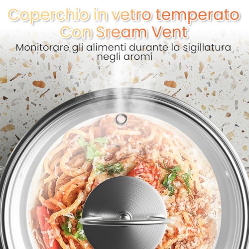 Set di pentole in acciaio inox, set di pentole da 12 pezzi con vaporiera e cucchiaio, set di pentole per cottura a induzione di grandi dimensioni, adatto a tutti i tipi di fornelli (Grigio chiaro) - immagine 5