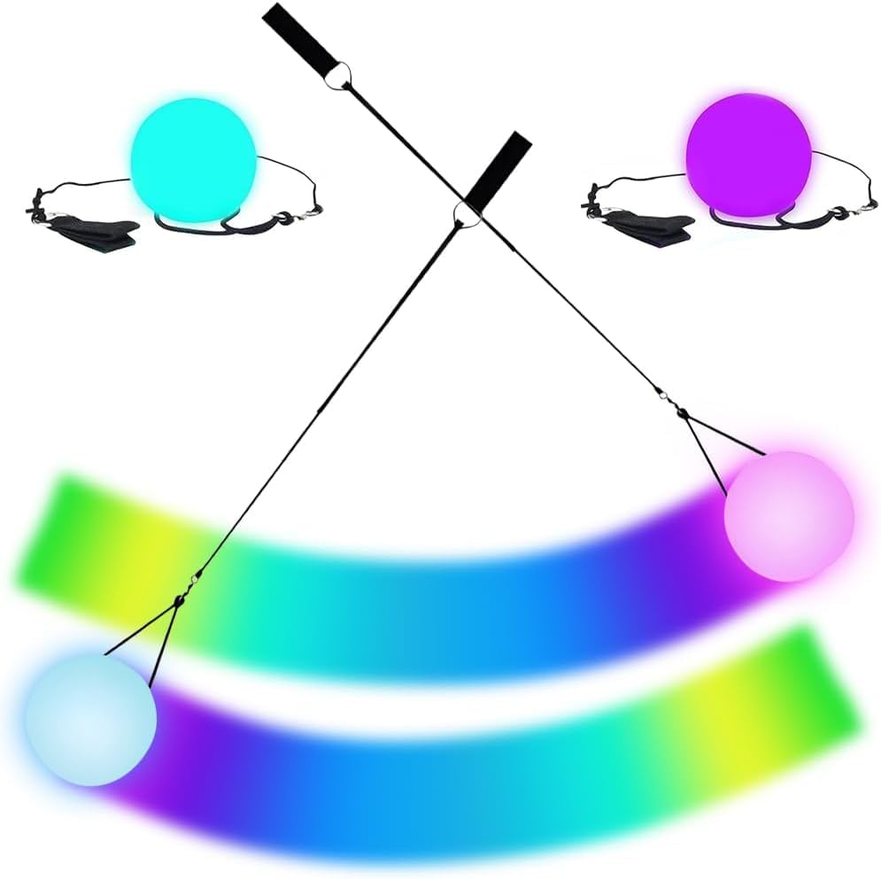 LED Poi Balls 2 Pack - Light Up Spinnings Balls with 7 Color Modes & Strobe Effect, Glow Juggling Toys for Kids/Adults, Perfect for Night Dance, Raves, Camping and Fire Shows (2pcs)