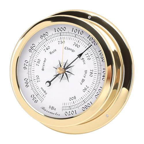 ACOGEDO Baromètre en Laiton de 4,7 Pouces, Mesure Précise de la Pression Atmosphérique avec Cadran Blanc et échelles en Or Noir, pour Yachts, Cargos, Navires, Maison Marine