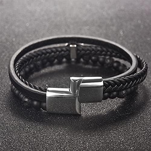 Men's Multilayer Leather Natural Stone Beaded Bangle Stainless Steel Magnetic Clasp Jewellery Punk Skull Braided Bracelet