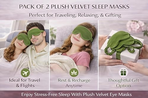 Image of Velvet Eye Sleep Mask for Men & Women Soft Light Blocking Sleeping Eye Mask with Adjustable Strap Travel Relaxation Eye Cover for Home Flight Deep Rest (Olive Green PC 2)