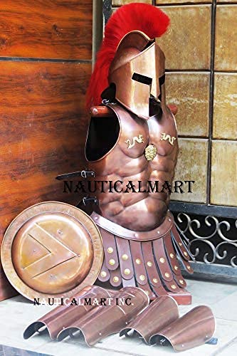 NauticalMart Medieval Copper 300 Spartan Set Muscle Armor Helmet W/Red Plume Leg Arm Guards Halloween