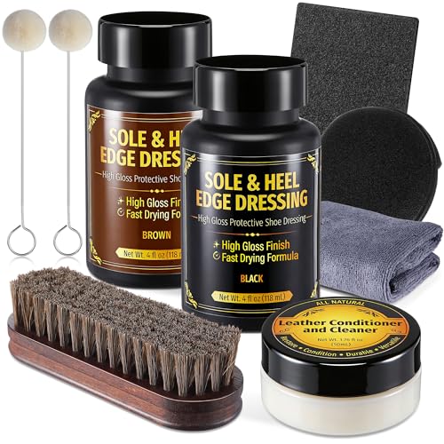 Boao Leather Sole and Heel Edge Dressing Kit Black and Brown Shoe Polish Set with Horsehair Brush and Leather Conditioner for Boot Restoration Professional Scuff Repair and Edge Finish 9-Piece System