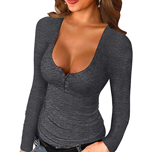 Cocila Damen 2020 Herbst und Winter Neue Einfarbige Pullover, U-Ausschnitt Einfarbig Mode Trend Sexy Lässig Home Shopping Party Yoga Knöpfe Schlank und eng Tunic Top Bluse Oberteile Tunika Cover