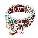 Christmas Heishi Charm Bracelet Stack for Women,4PCS Sliver Snowflake Santa Snowman Reindeer Beaded Stackable Bracelets Fashion Holiday Party Christmas Stuff Accessories Jewelry Gifts
