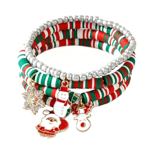 Christmas Heishi Charm Bracelet Stack for Women,4PCS Sliver Snowflake Santa Snowman Reindeer Beaded Stackable Bracelets Fashion Holiday Party Christmas Stuff Accessories Jewelry Gifts