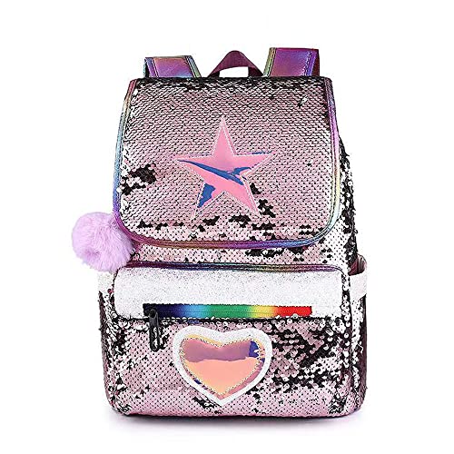 Mochila de lantejoulas Star Heart para meninas, linda mochila casual brilhante com glitter com bolas peludas para meninas universitárias, Champanhe, M
