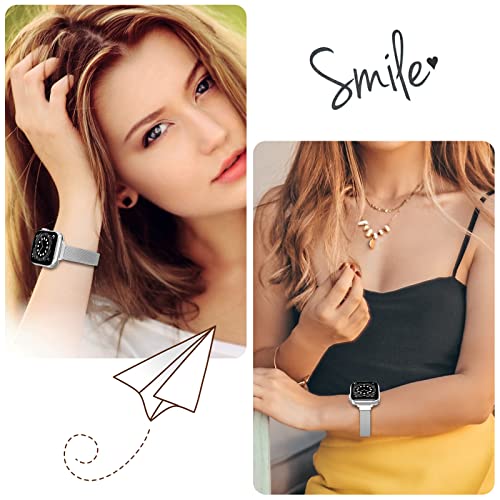 Image of Compatible with Apple Watch Band, Stainless Steel Slim & Thin Mesh Magnetic Clasp Strap Women and Girl Replacement Band for iWatch Series SE 6 5 4 3 2 1 (38mm /40mm /41mm, Silver)