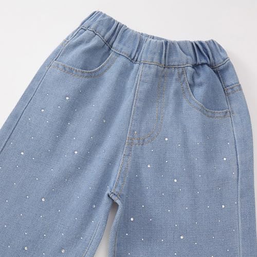 Beessbest Toddler Girl's Rhinestone Wide Leg Jeans Streetwear Elastic Waist Denim Pants with Pockets4
