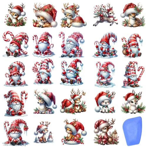 Image of ZMRU 24 Sheets Vintage Christmas Rub On Transfers for Crafts, Rub On Transfers Christmas for Wood，Furniture Decals, Glass, Porcelain, Leather, Canvas, Fabric Projects,3 * 3inch(Gnome Reindeer)