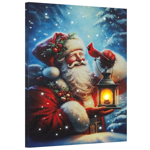 Large Santa LED Lighted Canvas Pictures Wall Art w/Timer, Fiber Optic Lights Create Dreamy Snowfall, Run by Battery, Christmas Man Cardinal Print Framed, Ready to Hang Design for Fireplace Decoration