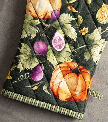 Maison D' Hermine Oven Mitt + Pot Holder 100% Cotton Kitchen Oven Gloives (7.5"X13") & Hot Pads (8"X8") For Gifts, Chef, Women & Men, Pumpkin Garden - Dark Green - Thanksgiving/Christmas #TOP3