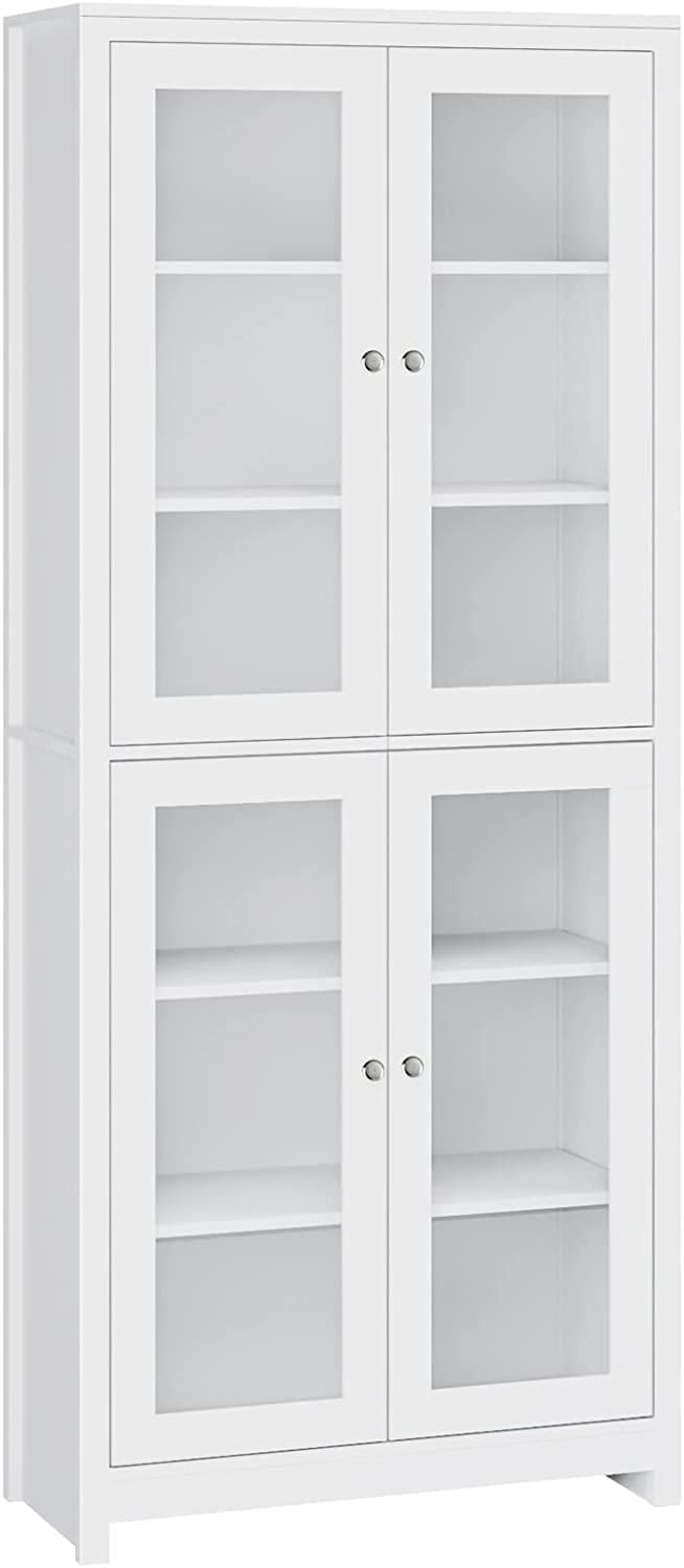 FOREHILL 190cm Vitrina de Cristal, Vitrina Salón, Mueble de Salón, Aparador Comedor, Aparador Cocina, Estantería Oficina, con 6 Estantes 4 Puertas, Madera y Cristal, Blanco, 80x33x190cm