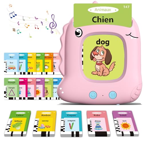Chujayng Cartes Flash Parlantes pour Enfants 2 à 6 Ans,112 Feuilles 224 Mots, Cartes Parlante Montessori Français, Jouets éducatifs Bilingues/Français/Anglais(Rose)