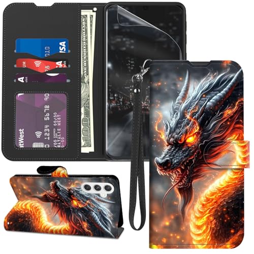 for Samsung Galaxy S25 Case Wallet with Screen Protector, Stand PU Leather Flip Folio Cover with Card Holder, Full-Body Protection Phone Case for Samsung S25 6.2", Fiery Dragon