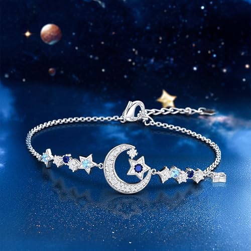 Jeulia Luna Astra Moon and Star Tennis Bracelet for Women | Sparkling CZ Bling Blue Celestial Charms | 925 Sterling Silver Adjustable Slider Chain | Gift Box Included2