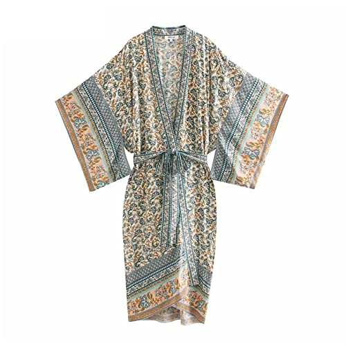 Kimono de playa con estampado floral retro y manga murciélago ideal para atardeceres de verano