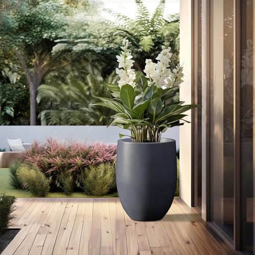 Image of Kante 21.7 inch H Dark Gray Concrete Tall Planter, Large Outdoor Indoor Decorative Pot with Drainage Hole and Rubber Plug, Modern Round Style for Home and Garden
