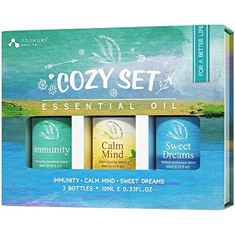 ASAKUKI Essential Oils Set, Aromatherapy Diffuser Oils Blends, 100% Natural Fragrance Essential Oils for Stress Relief, Sleep Better & Feel Good, The Little Box of Cozy Gift Set 3x10mL Cover