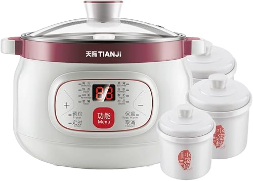 Olla eléctrica pequeña, olla de cerámica multiusos para sopa, postres, cocer al vapor, con múltiples revestimientos de cerámica, 1.8L+0.44L*3,