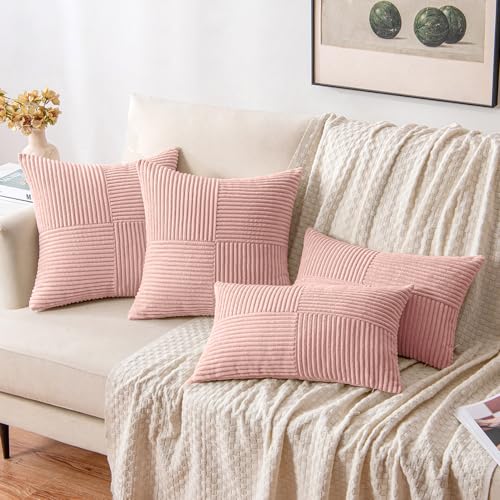 Image of MIULEE Pink Decorative Lumbar Throw Pillow Covers 12x20 Inch for Couch Bed Sofa Pack of 2 Boho Farmhouse Throw Pillows Soft Cross Corduroy Patchwork Textured Cushion Cases