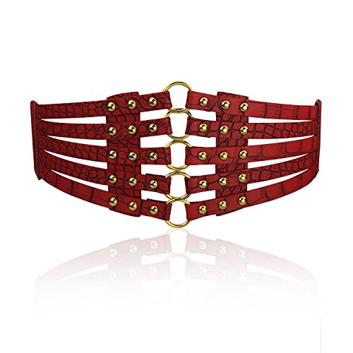 Fashion Women's PU Leather Wide Waist Belt Hollow Out Rivets Stretch Cinch Waistband