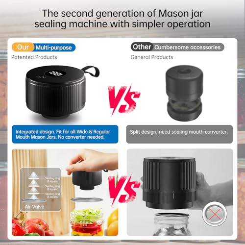 Image of Electric Mason Jar Vacuum Sealer Kit, 3-in-1 Handheld Automatic Vacuum Sealer for Mason Jars, Food Savers & Containers | Ideal for Canning Jams, Pickles, Dry Foods, Grains | Present for Mom, Black