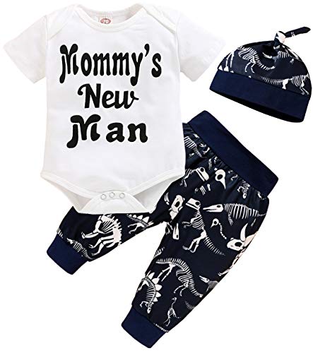 Image of Happy Town 3Pcs Baby Boy Clothes Newborn Infant Bodysuit Summer Cotton Short Sleeve Romper +Pants+Hat Outfits Set (Blue Dinosaur, 0-3 Months)