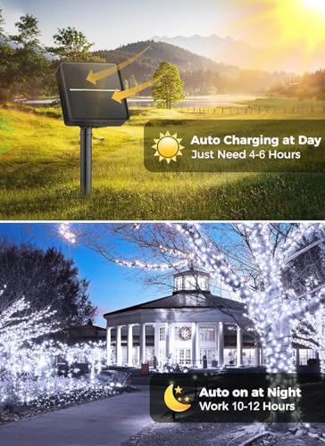 Cadena de luces solares para exterior - 20m 200 LED, alimentada por energía solar, 8 modos de iluminación, resistente al agua, luz de jardín, balcón, terraza, luz solar para exterior, blanco puro - imagen 4