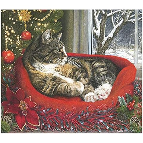 Cat Christmas Card - 'Cosy Cat' UK Made by A Rare Breed. Xmas Scene with a Tabby in a Homely Scene. Seasonal Greeting Cards Printed Inside. Recyclable Cover